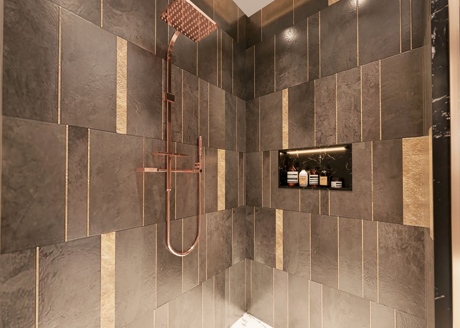 Custom walk-in shower with dark textured tile and copper fixtures in a design-build home